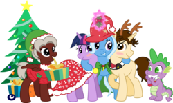 Size: 12584x7500 | Tagged: safe, artist:lailyren, artist:mactavish1996, spike, trixie, twilight sparkle, oc, alicorn, pony, spiders and magic: rise of spider-mane, g4, absurd resolution, blushing, christmas tree, crossover, female, male, mare, may parker, peter parker, present, spider-man, spiders and magic ii: eleven months, tree, twilight sparkle (alicorn)