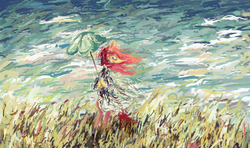 Size: 1280x758 | Tagged: dead source, safe, artist:wisewatcher, fluttershy, g4, female, impressionism, modern art, solo, umbrella