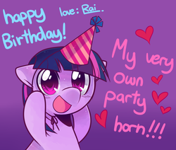 Size: 800x677 | Tagged: safe, artist:pekou, twilight sparkle, g4, blushing, cute, female, filly, happy, hat, heart, looking at you, open mouth, party hat, smiling, solo, twiabetes, younger
