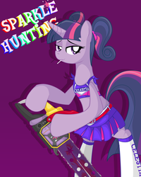 Size: 1200x1500 | Tagged: safe, artist:burnt-sprinkles, twilight sparkle, pony, unicorn, g4, bedroom eyes, bipedal, bipedal leaning, blood, blood stains, chainsaw, clothes, female, grin, juliet starling, leaning, lollipop chainsaw, pigtails, skirt, socks, solo, voice actor joke
