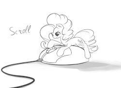 Size: 1000x729 | Tagged: safe, artist:scootiebloom, pinkie pie, g4, animated, computer mouse, cute, diapinkes, female, floppy ears, micro, monochrome, prone, scrolling, smiling, solo