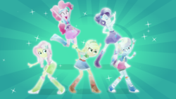 Size: 16000x9000 | Tagged: safe, artist:meteor-spark, applejack, fluttershy, pinkie pie, rainbow dash, rarity, equestria girls, g4, absurd resolution, balloon, boots, bracelet, clothes, cowboy boots, crystallized, eyes closed, flower, flower in hair, hand on hip, helping twilight win the crown, high heel boots, humane five, jewelry, jumping, ponytail, skirt, socks, sparkles, vector, wristband