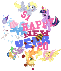 Size: 852x1000 | Tagged: safe, artist:pixelkitties, applejack, derpy hooves, fluttershy, spike, trixie, twilight sparkle, g4, princess twilight sparkle (episode), alcohol, apple, chest of harmony, flutterbat, glare, gritted teeth, happy new year, hat, lampshade, lampshade hat, race swap, simple background, smiling, spread wings, tiara, transparent background, twilight sparkle (alicorn), twilight sparkle is not amused, unamused, upside down, wide eyes