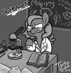 Size: 644x663 | Tagged: safe, artist:turbosolid, princess luna, queen chrysalis, alicorn, pony, moonstuck, g4, book, chalkboard, cheese, clothes, cute, egophiliac-ish, female, filly, food, frown, glare, grayscale, lab coat, mare, microscope, monochrome, muffin, planet, science, science woona, solo, style emulation, woona