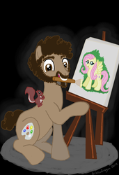 Size: 632x924 | Tagged: safe, artist:bibliodragon, fluttershy, squirrel, g4, bob ross, duo, female, grin, male, mouth hold, paintbrush, painting, ponified, raised hoof, sitting, smiling, solo focus