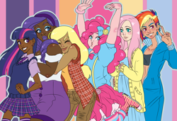 Size: 1124x768 | Tagged: safe, artist:thepandacaffe, applejack, fluttershy, pinkie pie, rainbow dash, rarity, twilight sparkle, human, g4, clothes, dark skin, diversity, humanized, mane six, sweater, sweatershy