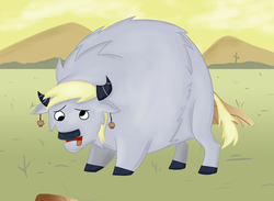 Size: 3000x2200 | Tagged: safe, artist:frostmusic, derpy hooves, bison, buffalo, g4, female, food, high res, muffin, solo, species swap