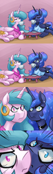 Size: 1000x3244 | Tagged: safe, artist:romanrazor, princess celestia, princess luna, alicorn, pony, good morning celestia, g4, angry, animated at source, animated in description, bathrobe, blue-mane celestia, choker, clothes, description is relevant, drinking, earring, eyes closed, female, food, frown, glare, looking at you, mare, messy mane, prone, shirt, stare, tea, this is why we can't have nice things, tumblr, underhoof, wide eyes