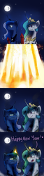 Size: 1200x4800 | Tagged: safe, artist:anticular, princess celestia, princess luna, alicorn, pony, ask sunshine and moonbeams, g4, angry, comic, dirty, duo, duo female, female, fireworks, full moon, happy new year, mare, moon, new year, night, peytral, smoke, tumblr