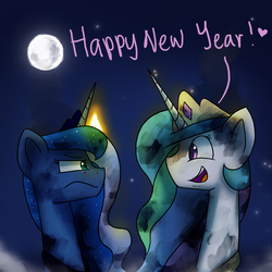 Size: 1200x1200 | Tagged: safe, artist:anticular, princess celestia, princess luna, alicorn, pony, ask sunshine and moonbeams, g4, annoyed, dirty, duo, duo female, eye contact, female, fireworks, frown, glare, happy new year, heart, mare, moon, night, open mouth, smiling, smoke