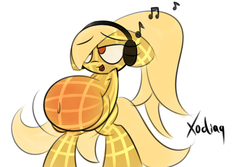 Size: 3000x2000 | Tagged: safe, artist:xodisvorebin, oc, oc only, oc:waffle, food pony, original species, waffle pony, belly, belly button, commercial reference, eggo, fetish, headphones, high res, implied vore, open mouth, ponified, wa-full, waffle, wat