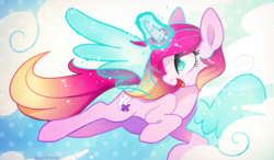 Size: 899x525 | Tagged: safe, artist:tsurime, oc, oc only, oc:cerise, pony, unicorn, artificial wings, augmented, cloud, female, flying, glowing horn, horn, magic, magic wings, mare, sky, smiling, solo, wings