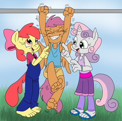 Size: 915x906 | Tagged: safe, artist:ced75, artist:kuroi-wolf, apple bloom, scootaloo, sweetie belle, earth pony, pegasus, unicorn, anthro, plantigrade anthro, g4, armpit tickling, armpits, barefoot, bracelet, clothes, colored sketch, cute, denim, eyes closed, feet, female, filly, grin, jeans, jewelry, lesbian, long pants, open mouth, overalls, pants, sandals, shivering, shorts, skirt, smiling, sweat, tickle torture, tickling