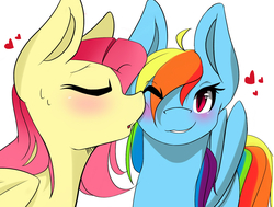 Size: 1932x1464 | Tagged: safe, artist:kshame, fluttershy, rainbow dash, g4, assertive, blushing, cheek kiss, female, kissing, lesbian, ship:flutterdash, shipping