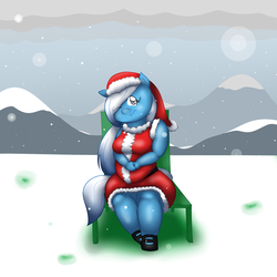 Size: 1280x1280 | Tagged: safe, artist:glwuffie, oc, oc only, oc:rain cloud, anthro, christmas, christmas outfit, chubby, cute, snow, snowfall, solo, wink