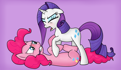 Size: 2130x1224 | Tagged: safe, artist:misstickles, pinkie pie, rarity, pony, g4, catfight, duo, fight, hair bite, hair pulling