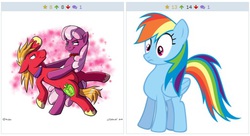 Size: 512x278 | Tagged: safe, big macintosh, cheerilee, rainbow dash, earth pony, pony, derpibooru, g4, dancing, exploitable meme, juxtaposition, juxtaposition win, male, meme, meta, stallion