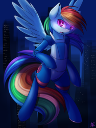 Size: 3000x4000 | Tagged: safe, artist:spittfireart, rainbow dash, cyborg, pegasus, semi-anthro, g4, bedroom eyes, bodysuit, bubblegum crisis, city, crossover, female, glowing eyes, hardsuit, night, open mouth, solo