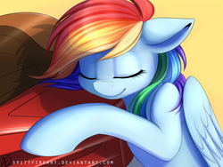 Size: 4000x3000 | Tagged: dead source, safe, artist:spittfireart, rainbow dash, pegasus, pony, g4, bubblegum crisis, crossover, cute, dashabetes, eyes closed, female, folded wings, mare, motorcycle, smiling, solo, wings