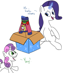 Size: 1200x1333 | Tagged: safe, artist:varemia, rarity, sweetie belle, g4, clothes, magic, open mouth, present, sitting, sweater