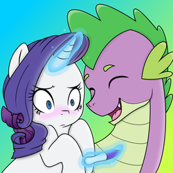Size: 1600x1600 | Tagged: safe, artist:kianamai, artist:xhalesx, color edit, edit, rarity, spike, dragon, pony, unicorn, kilalaverse, g4, adult, adult spike, blushing, colored, eye clipping through hair, eyebrows, eyebrows visible through hair, eyes closed, female, frown, glowing, glowing horn, gradient background, horn, magic, magic aura, male, mare, older, older spike, open mouth, open smile, pregnancy test, ship:sparity, shipping, smiling, straight, telekinesis, wide eyes