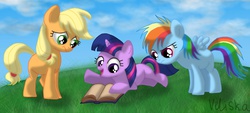 Size: 2001x904 | Tagged: safe, artist:veliska, applejack, rainbow dash, twilight sparkle, g4, book, filly