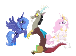 Size: 800x597 | Tagged: safe, artist:veliska, discord, princess celestia, princess luna, g4, pink-mane celestia, s1 luna, simple background, transparent background, younger