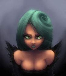 Size: 500x575 | Tagged: dead source, safe, artist:zelatynowy, queen chrysalis, human, g4, bust, cleavage, female, humanized, looking at you, solo