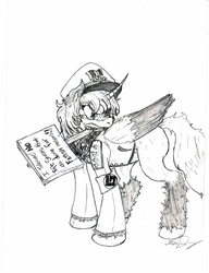 Size: 2480x3236 | Tagged: safe, artist:tehmangabrony, oc, oc only, oc:foxfire, hybrid, angry, biting, clothes, ear fluff, fluffy, grammar nazi, hat, high res, lineart, long mane, meme, monochrome, pencil drawing, rage face, scrunchy face, shading, sign, traditional art, uniform, wings