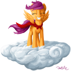 Size: 1278x1278 | Tagged: safe, artist:da-exile, scootaloo, pegasus, pony, g4, cape, clothes, cloud, cmc cape, cute, cutealoo, eyes closed, female, filly, grin, newbie artist training grounds, on a cloud, signature, simple background, smiling, solo, spread wings, standing, transparent background, wind, windswept mane