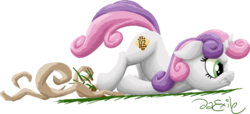 Size: 1788x813 | Tagged: safe, artist:da-exile, sweetie belle, pony, unicorn, g4, angry, atg 2014, dust, female, filly, grass, newbie artist training grounds, prone, racing, scootie belle, scooting, signature, simple background, solo, transparent background, trip