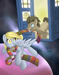 Size: 3300x4200 | Tagged: safe, artist:doomcakes, derpy hooves, doctor whooves, time turner, pegasus, pony, g4, clothes, doctor who, female, mare, scarf, tardis