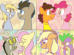 Size: 1024x768 | Tagged: safe, artist:leetle-pink-fudge, applejack, cheese sandwich, derpy hooves, discord, doctor whooves, fluttershy, pinkie pie, spike, time turner, pegasus, pony, g4, female, male, mare, ship:applespike, ship:cheesepie, ship:discoshy, ship:doctorderpy, shipping, straight