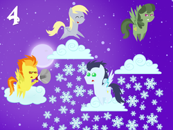 Size: 1024x768 | Tagged: safe, artist:bronybyexception, blossomforth, derpy hooves, soarin', spitfire, pegasus, pony, g4, advent calendar, christmas, female, mare, pointy ponies, snow, snowfall