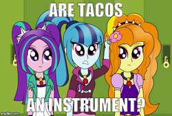 Size: 490x331 | Tagged: safe, artist:iamoctopii, adagio dazzle, aria blaze, sonata dusk, equestria girls, g4, band geeks, crossover, cute, female, image macro, meme, parody, sonatabetes, sonataco, spongebob squarepants, that girl sure loves tacos, that siren sure does love tacos, the dazzlings, trio, trio female