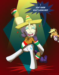 Size: 800x1018 | Tagged: safe, artist:ladyanidraws, applejack, rarity, sweetie belle, g4, clothes, maracas, musical instrument, poncho, sombrero