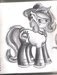 Size: 763x1000 | Tagged: safe, artist:chrisdb0, oc, oc only, oc:lilith, pony, succubus, unicorn, bow, clothes, freckles, monochrome, piercing, sketch, solo, stockings, traditional art