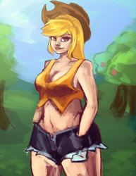 Size: 1024x1325 | Tagged: safe, artist:checkerboardazn, applejack, human, g4, belly button, female, humanized, midriff, solo