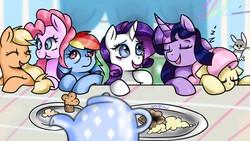 Size: 1920x1080 | Tagged: safe, artist:gigandjett, applejack, fluttershy, pinkie pie, rainbow dash, rarity, twilight sparkle, rabbit, g4, breakfast, kettle, mane six, muffin, sleeping, toast