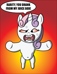 Size: 2554x3304 | Tagged: safe, artist:saburodaimando, sweetie belle, g4, angry, belly button, bloodshot eyes, high res, leaping, rage, sisterly drama, speech bubble, this will end in tears