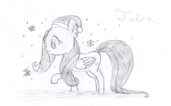 Size: 2849x1782 | Tagged: safe, artist:talon of the phoenix, fluttershy, g4, female, hat, monochrome, santa hat, snow, snowfall, solo, traditional art