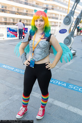 Size: 1365x2048 | Tagged: safe, rainbow dash, human, g4, clothes, converse, cosplay, irl, irl human, midriff, photo, rainbow socks, socks, striped socks