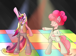 Size: 2300x1700 | Tagged: safe, artist:novaspark, pinkie pie, princess cadance, alicorn, earth pony, pony, g4, 70s, afro, belly button, bipedal, chest fluff, clothes, dancing, disco, disco dance, duo, female, hippie, john travolta, mare, midriff, peace sign, saturday night fever