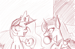 Size: 1280x828 | Tagged: safe, artist:kawaiipony2, princess celestia, princess luna, g4, bowling ball, monochrome