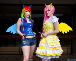 Size: 4162x3329 | Tagged: safe, fluttershy, rainbow dash, human, g4, clothes, cosplay, dress, irl, irl human, midriff, photo