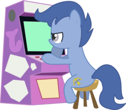 Size: 1139x1000 | Tagged: safe, artist:twitchy-tremor, archer (character), scootablue, earth pony, pony, g4, hearts and hooves day (episode), arcade game, female, filly, foal, hearts and hooves day, simple background, solo, transparent background