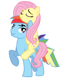 Size: 837x1060 | Tagged: safe, artist:dilemmas4u, fluttershy, rainbow dash, g4, female, fluttershy riding rainbow dash, half r63 shipping, male, ponies riding ponies, rainbow blitz, riding, rule 63, ship:flutterblitz, shipping, show accurate, simple background, straight, transparent background