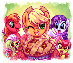 Size: 1100x950 | Tagged: safe, artist:whitediamonds, apple bloom, applejack, big macintosh, granny smith, rarity, earth pony, pony, unicorn, rarijack daily, g4, apple, apple family, apple pie, apple siblings, apple sisters, applejack's hat, brother and sister, cowboy hat, female, filly, foal, food, group, happy, hat, lesbian, male, mare, one eye closed, open mouth, pie, quintet, ship:rarijack, shipping, siblings, sisters, stallion, wink