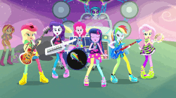 Size: 1904x1064 | Tagged: safe, screencap, applejack, dj pon-3, fluttershy, pinkie pie, rainbow dash, rarity, sunset shimmer, twilight sparkle, vinyl scratch, equestria girls, g4, my little pony equestria girls: rainbow rocks, animated, dancing, female, looking at you, sunglasses, the rainbooms