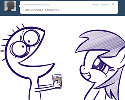 Size: 1280x1024 | Tagged: safe, artist:datahmedz, sunshower raindrops, pony, raindropsanswers, g4, ask, cheese, cheese (foster's home for imaginary friends), chocolate, chocolate milk, food, foster's home for imaginary friends, male, milk, monochrome, tumblr